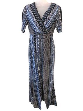 Stillettos Sz S Maxi Dress Blue Black Boho Wrap Look Empire Waist Festival